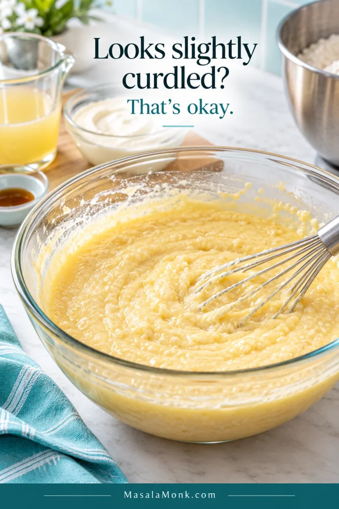 Pale yellow cake mixture in a glass bowl looks slightly grainy and curdled but remains cohesive.