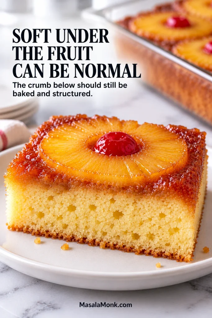 Cross-section of a pineapple upside-down cake slice showing a narrow moist layer beneath the pineapple and airy baked yellow crumb below.