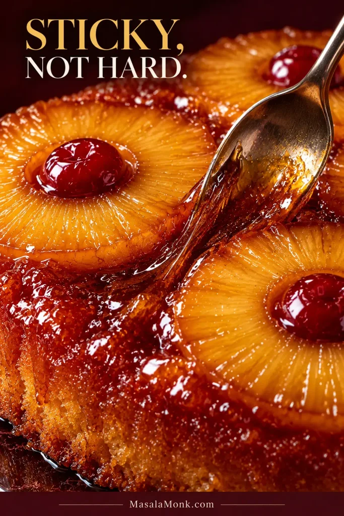 Close-up of a spoon pressing through glossy amber caramel between pineapple rings and red cherries.