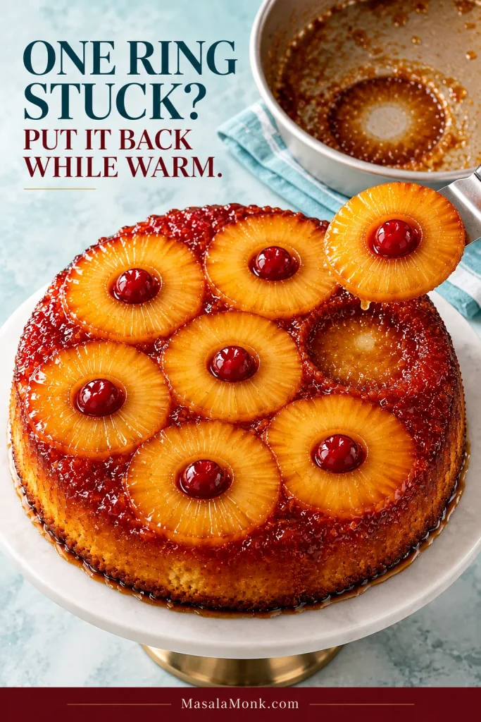 A spatula carries one caramelized pineapple ring toward the single empty ring-shaped space on an inverted cake.