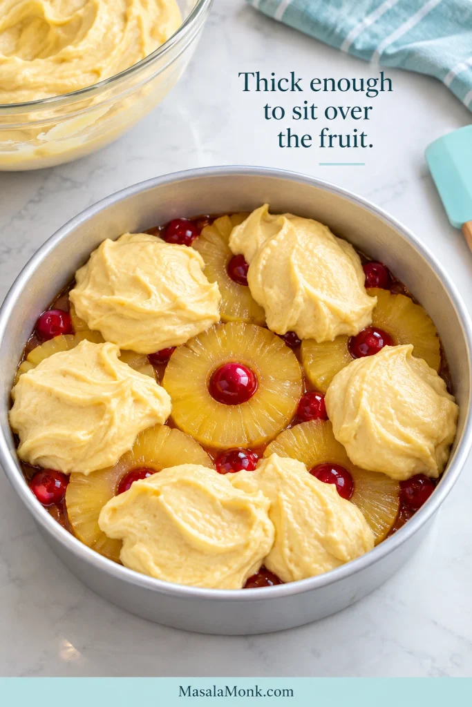 Thick pale cake batter sits in soft dollops over pineapple rings and cherries in a round metal pan.