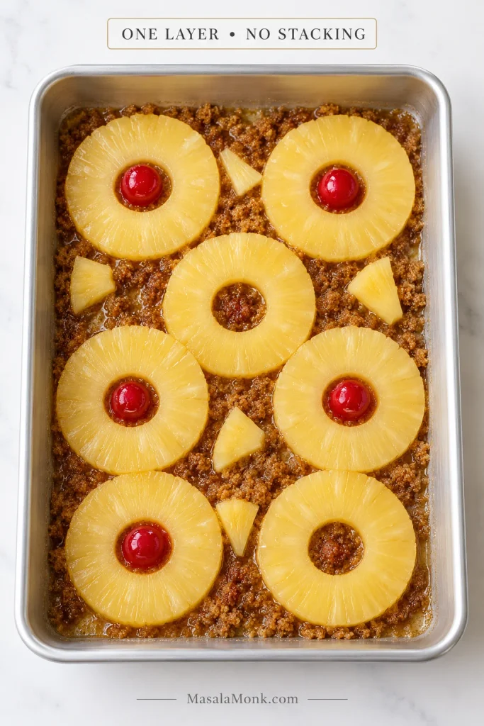 Pineapple rings and cherries arranged in one layer over brown sugar in a light-colored rectangular metal baking pan.