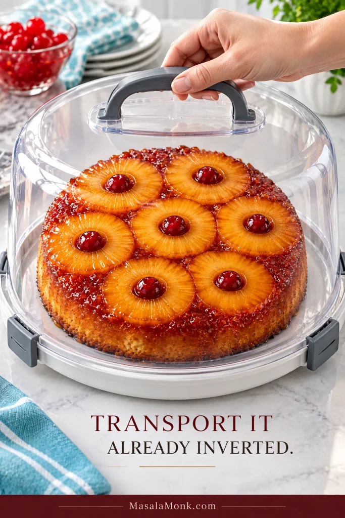 Finished pineapple upside-down cake sits level inside a clear locking cake carrier with a raised lid and handle.