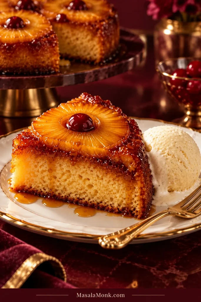 Warm slice of pineapple upside-down cake beside a scoop of vanilla ice cream beginning to soften where it touches the cake.