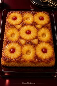 A well-made pineapple upside down cake with cake mix should release as one piece: the fruit stays anchored, caramel gathers around the rings, and the cake sides look baked and stable rather than wet or collapsed.