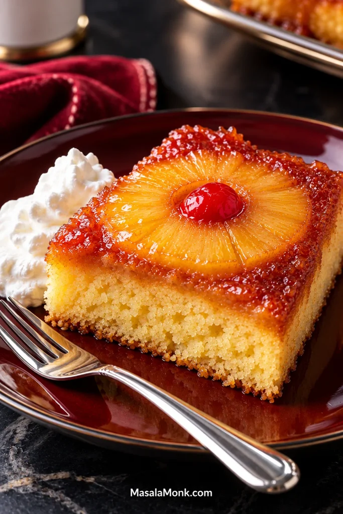 Rectangular slice of pineapple upside-down cake topped with a pineapple ring and maraschino cherry, served on a dark red plate with whipped cream and a metal fork.