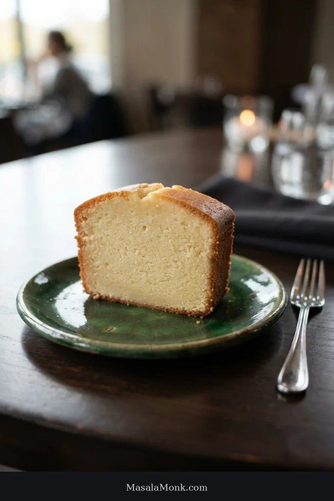 Thick plain slice of golden pound cake standing upright on a green ceramic plate beside a fork.