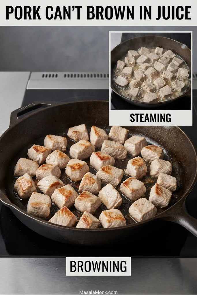 Comparison showing pale diced pork steaming in pooled liquid above and browned pork cooking against a drier skillet surface below.