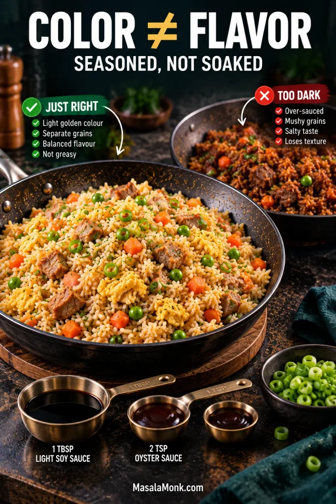 Comparison of lighter properly seasoned fried rice and much darker fried rice, with spoons labeled one tablespoon soy sauce and two teaspoons oyster sauce.