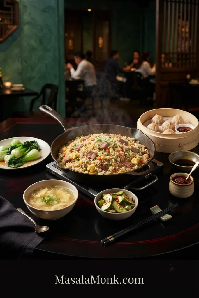 Pork fried rice served with cucumber salad, bok choy, dumplings, egg drop soup and chili crisp arranged around the main dish.