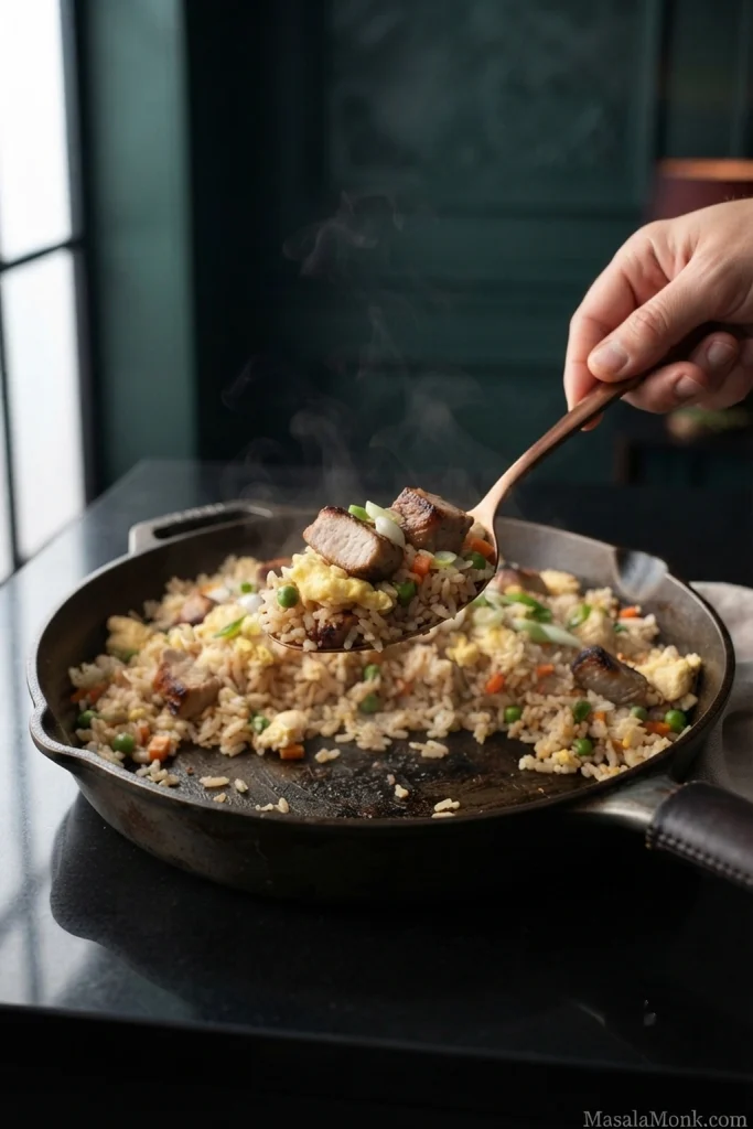 Close-up spoonful of pork fried rice with distinct rice grains, browned pork, egg, peas, carrots and scallions.