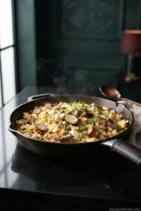 Bowl of pork fried rice with separate rice grains, browned pork, soft egg, peas, carrots and sliced scallions.