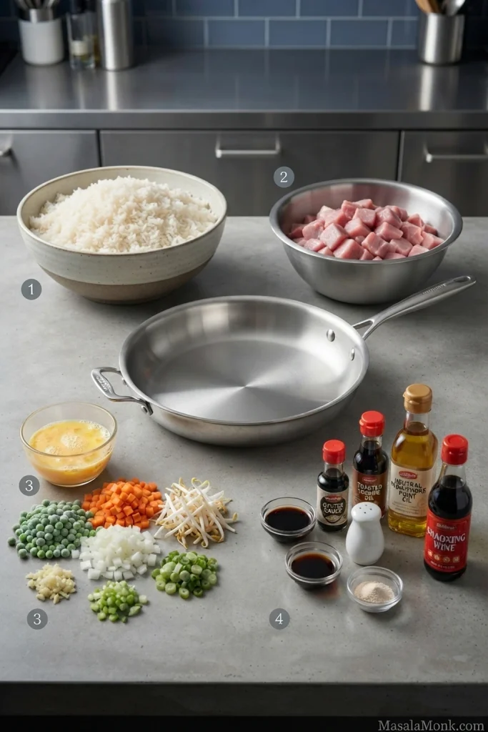 Pork fried rice mise en place with cooked rice, diced pork, beaten egg, vegetables, aromatics and seasonings arranged in separate bowls.