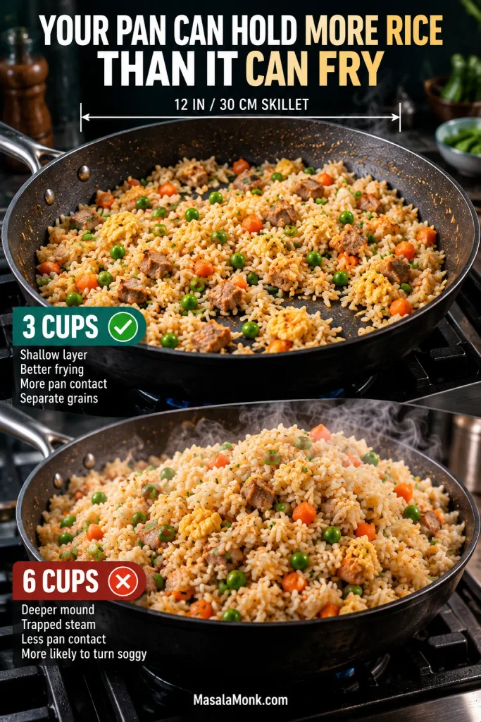 Comparison of an overloaded skillet with a deep mound of steaming fried rice and a correctly loaded skillet with rice spread in a shallower layer.