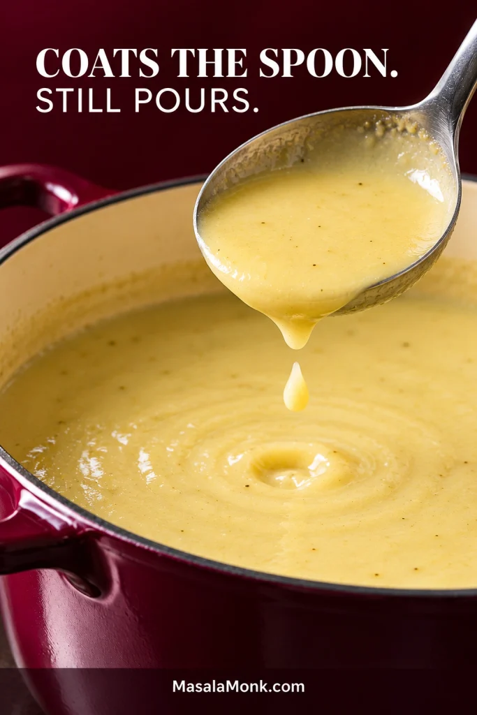 Ladle coated with smooth potato leek soup as a separate drop falls back into the pot and creates a small ripple.