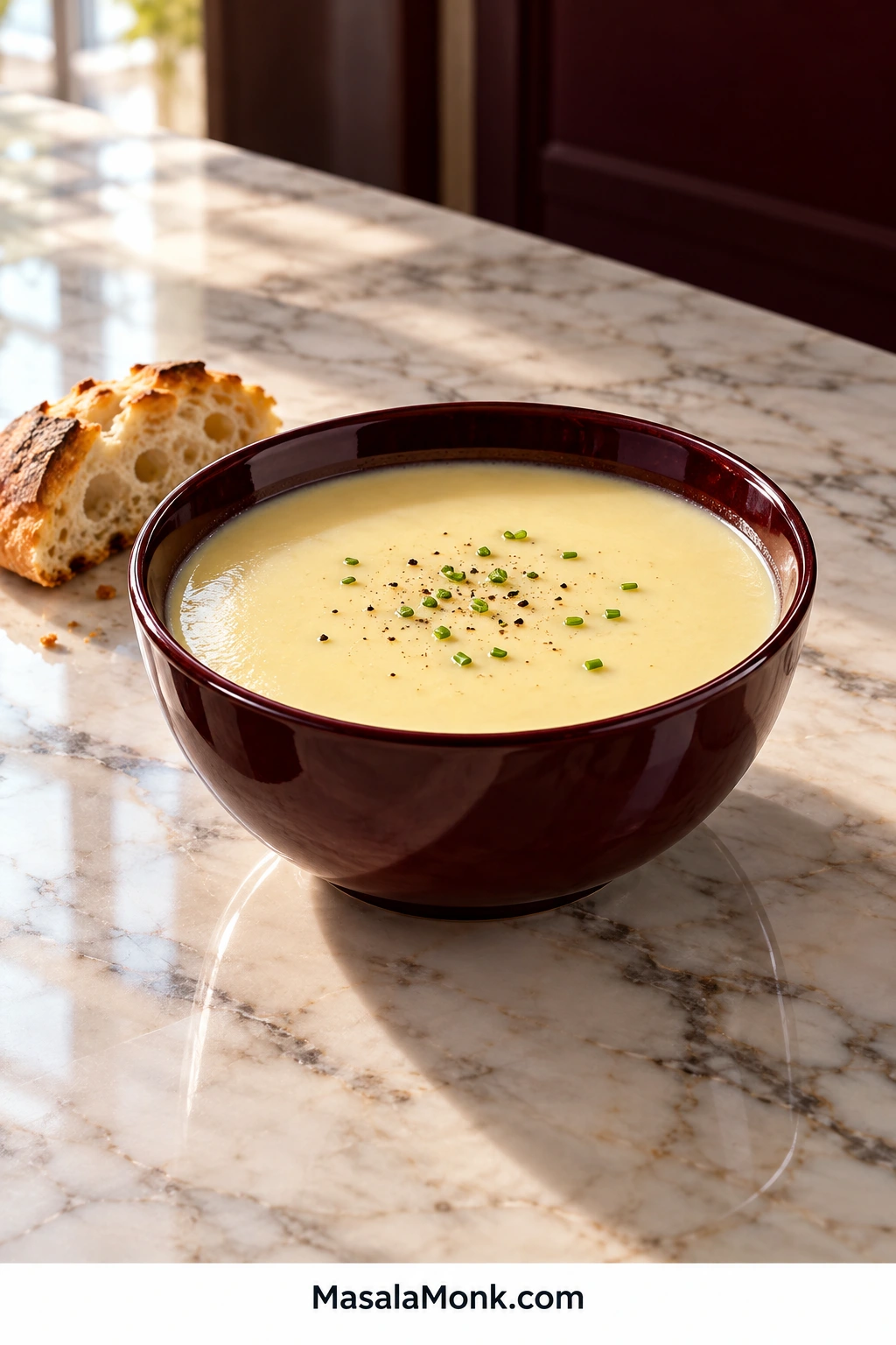 Bowl of smooth, pale golden potato leek soup topped with finely chopped chives and black pepper, served with crusty bread.