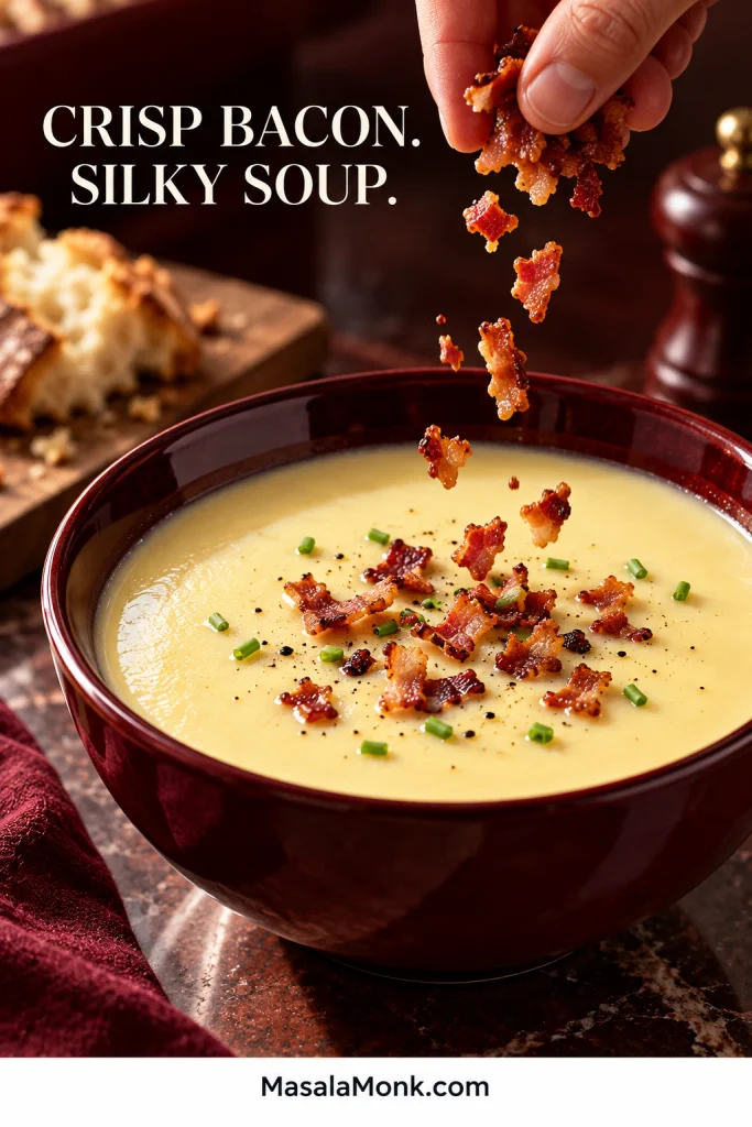 Crisp chopped bacon being sprinkled over a bowl of smooth potato leek soup just before serving.