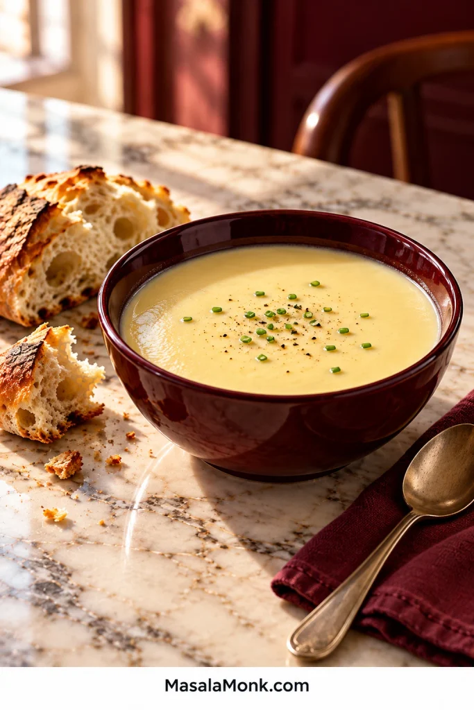 Finished bowl of smooth potato leek soup with chopped chives and black pepper, served beside torn crusty bread.