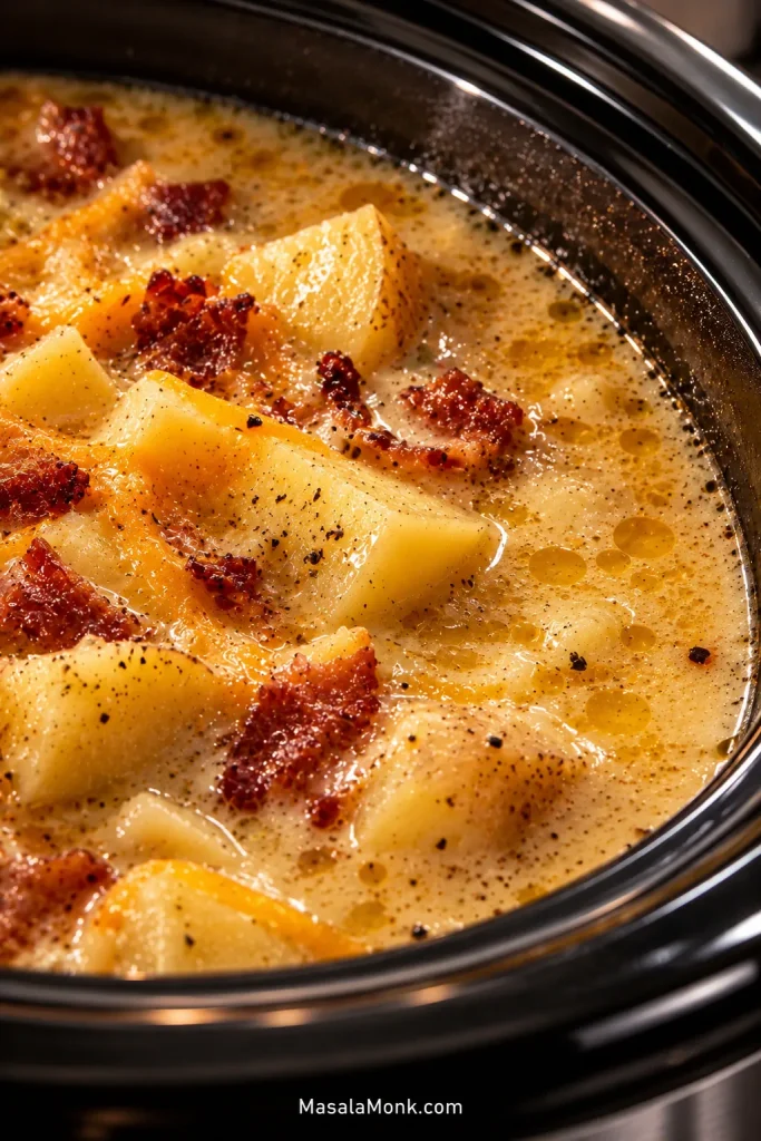 Close-up of creamy potato soup with potato pieces, bacon, and small orange oily droplets visible on the surface.