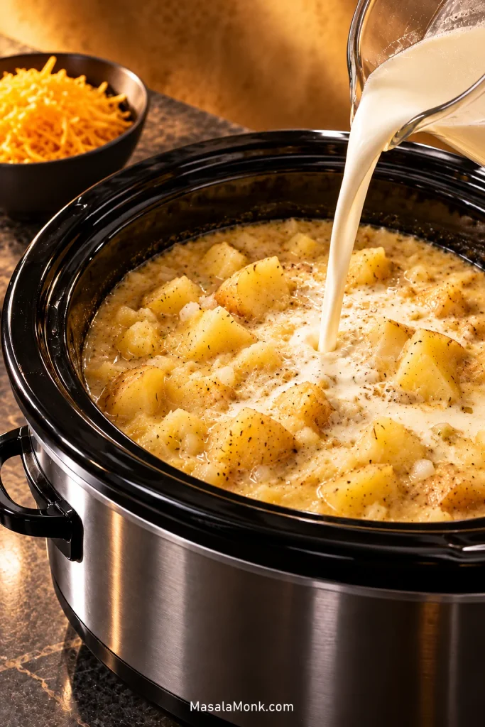 Cream being poured into partially mashed potato soup in a slow cooker, with shredded cheddar beside it.