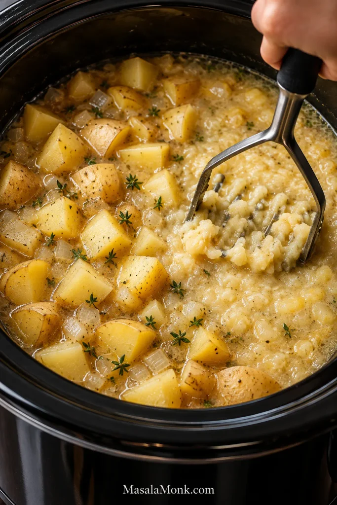 Potato masher breaking down some cooked potatoes in a slow cooker while many chunks remain intact.