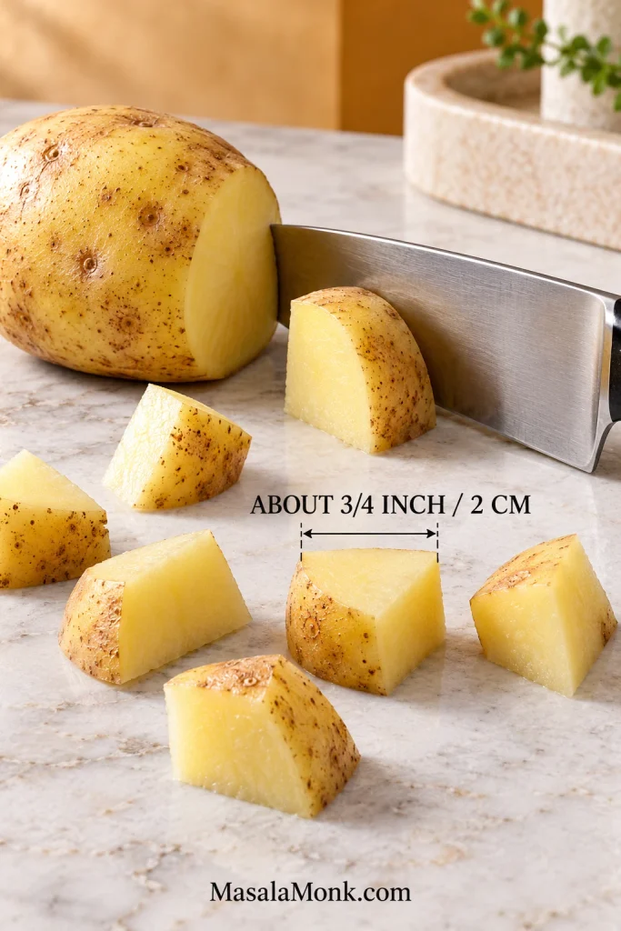 Yukon Gold potato beside a knife and several skin-on potato chunks cut to about three-quarter-inch pieces.
