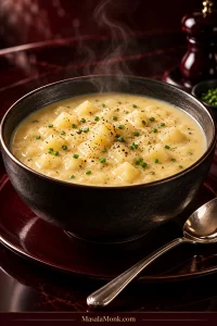 Dark bowl of creamy potato soup with softened potato chunks, chopped chives, black pepper and rising steam on a deep red surface.