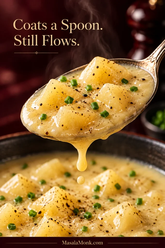 Close-up spoon lifting creamy potato soup with soft potato pieces and a rounded drop of broth falling back toward the bowl.