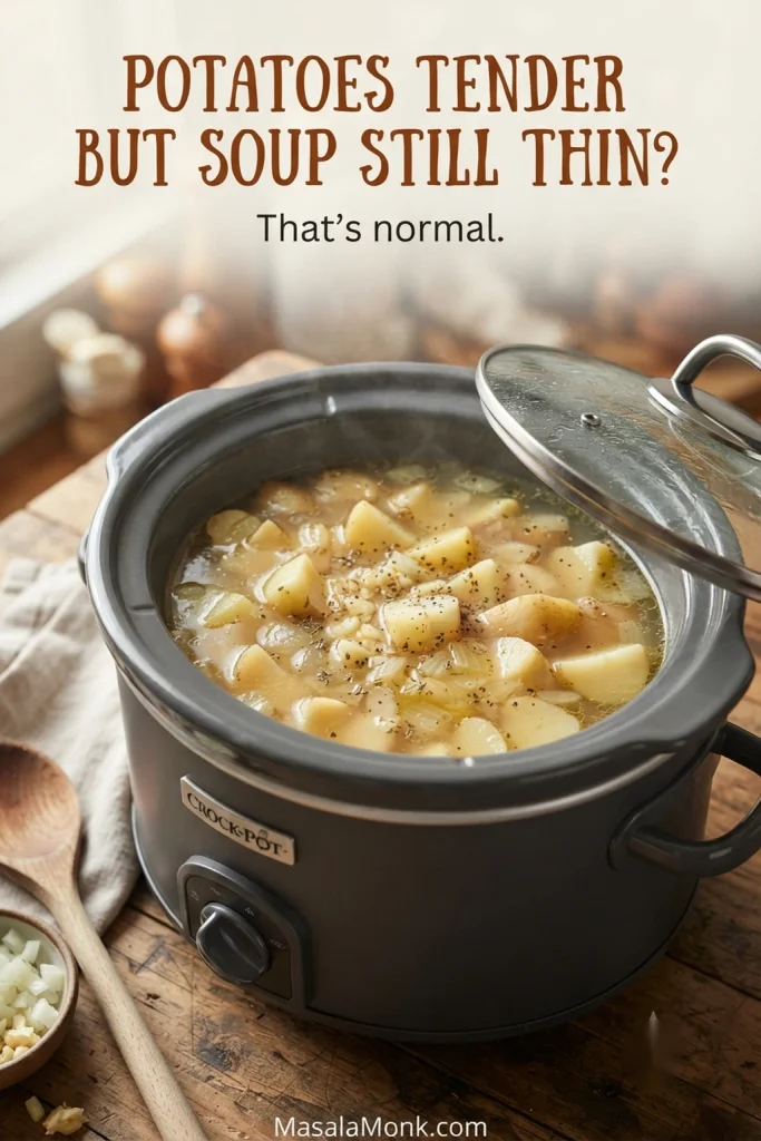 Tender potato chunks sitting in a loose broth inside a slow cooker, with text noting that thin soup at this stage is normal.