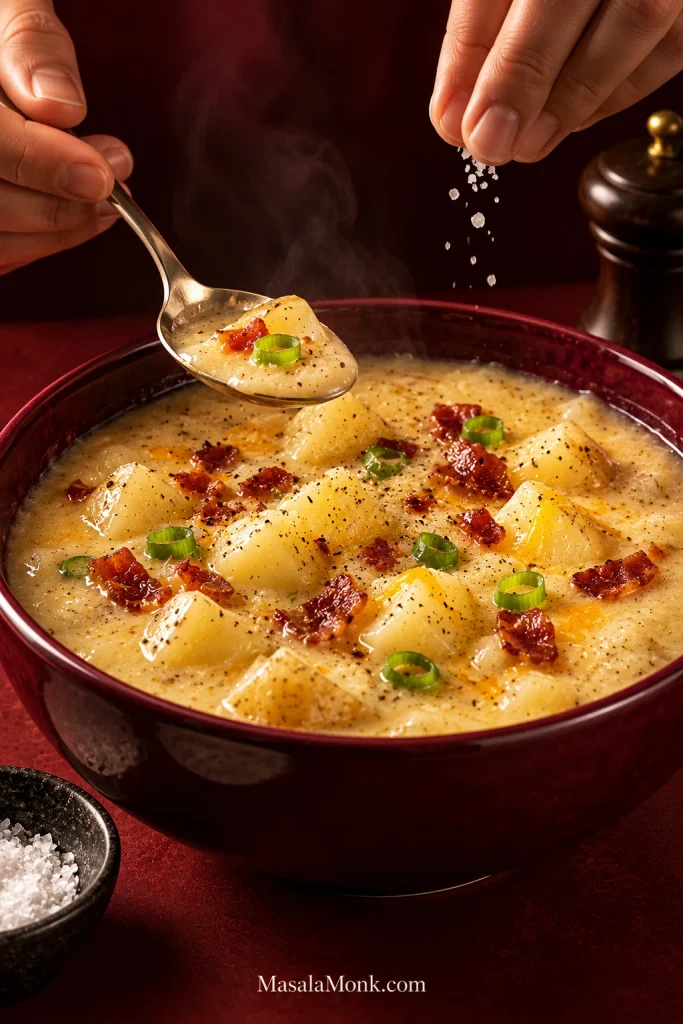 Hand seasoning a bowl of creamy potato soup topped with potato chunks, bacon, cheddar, and sliced green onions.