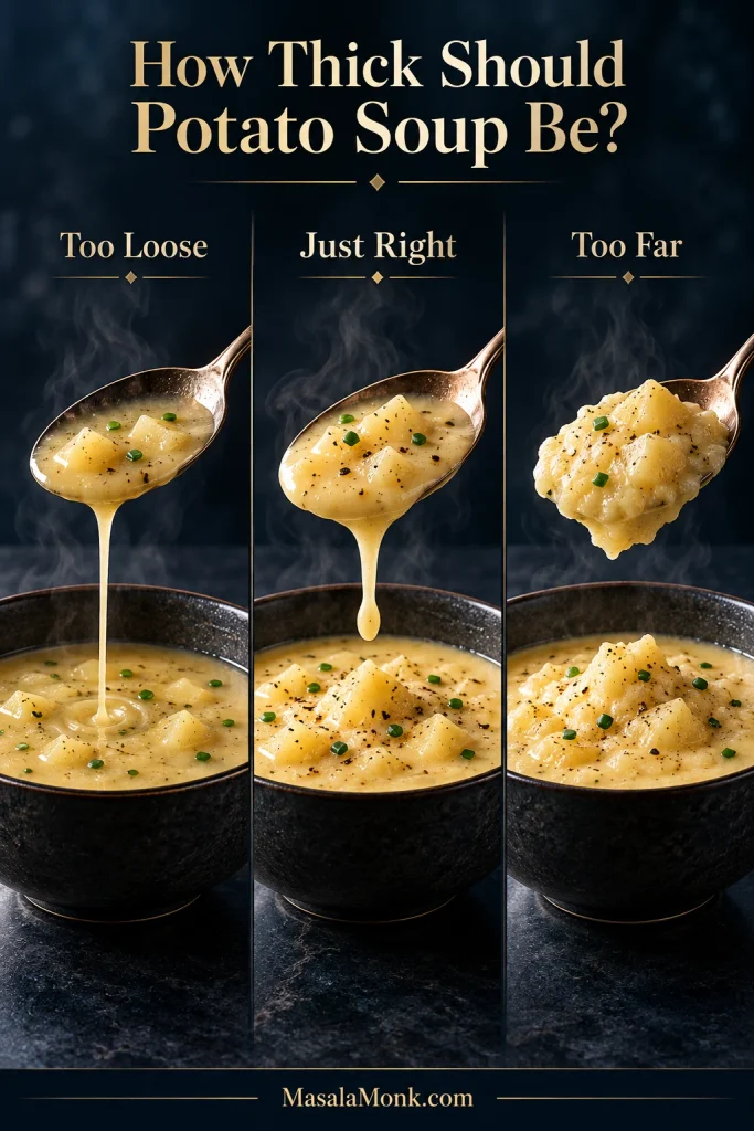 Three potato soup consistencies labeled Too Loose, Just Right and Too Far, progressing from runny broth to an overly dense mound.
