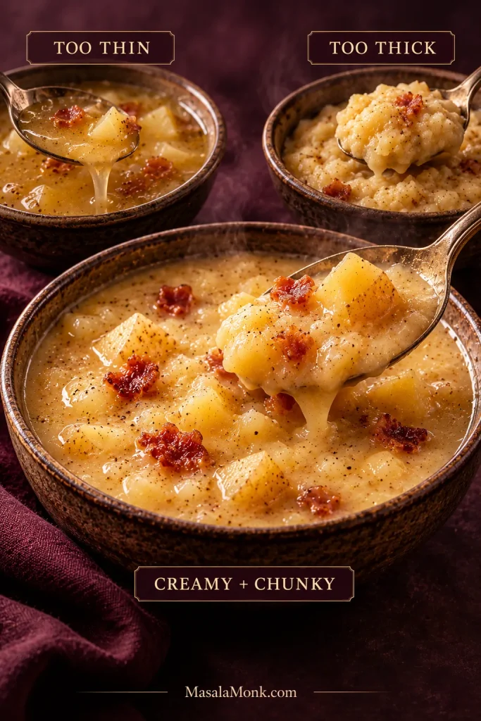 Three bowls comparing thin, very thick, and creamy chunky potato soup, labeled “Too thin,” “Too thick,” and “Creamy + chunky.”