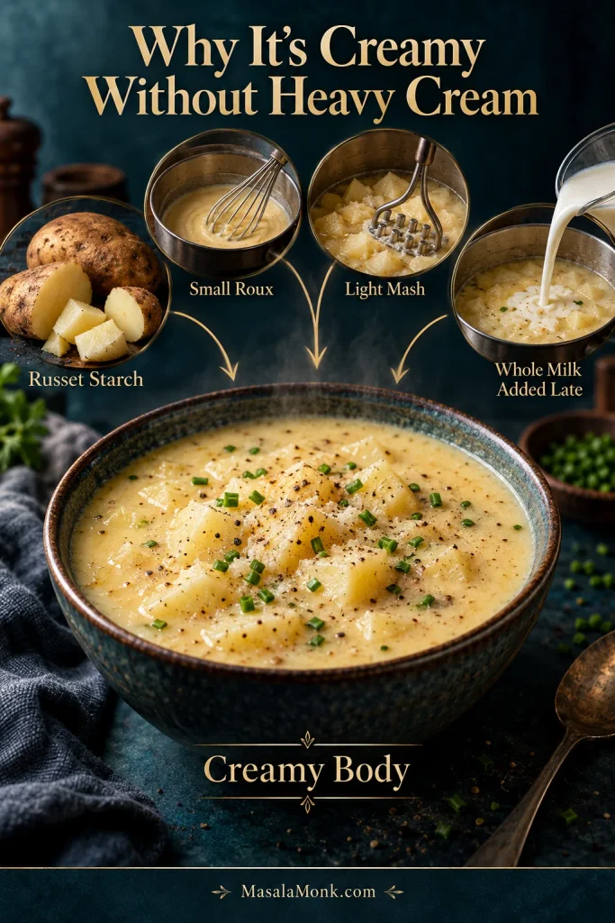 Finished creamy potato soup with visual cues for Russet starch, a small roux, light mashing and whole milk added late.