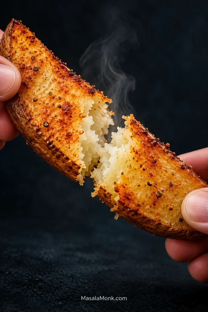 Two hands pulling apart a deeply browned potato wedge to reveal a soft, steaming, fluffy white centre.