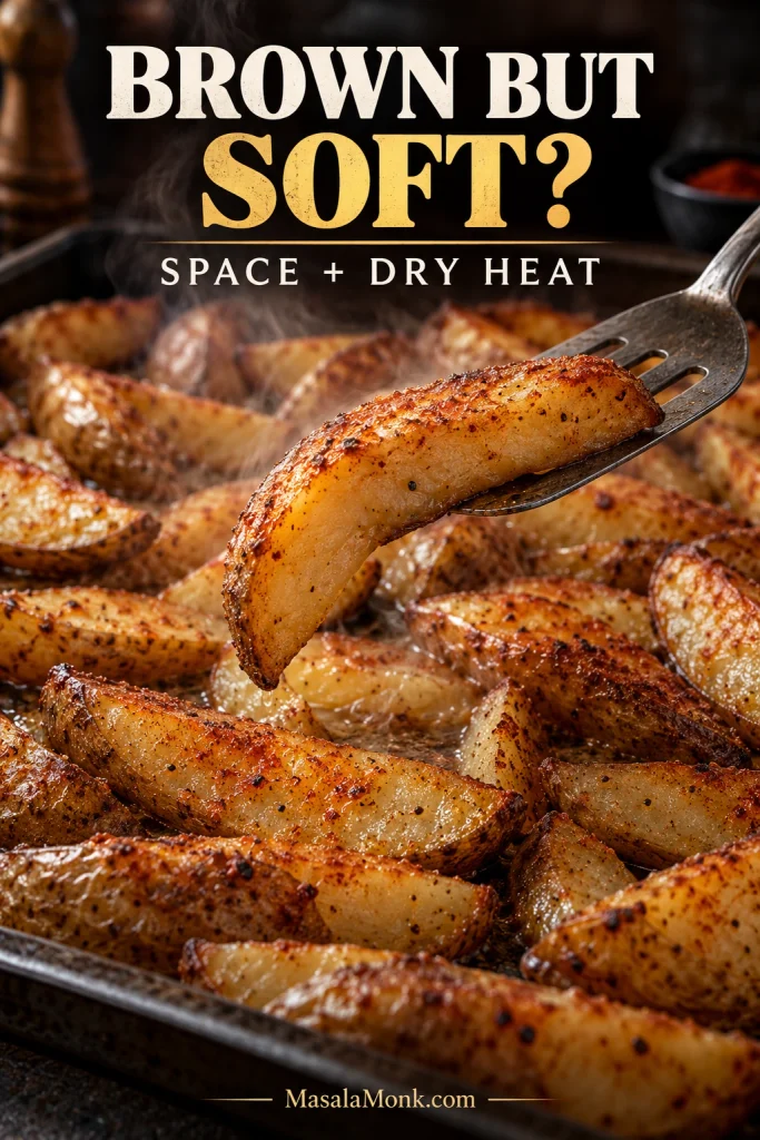 A browned but soft-looking potato wedge held above a crowded baking tray with steam rising around the wedges.