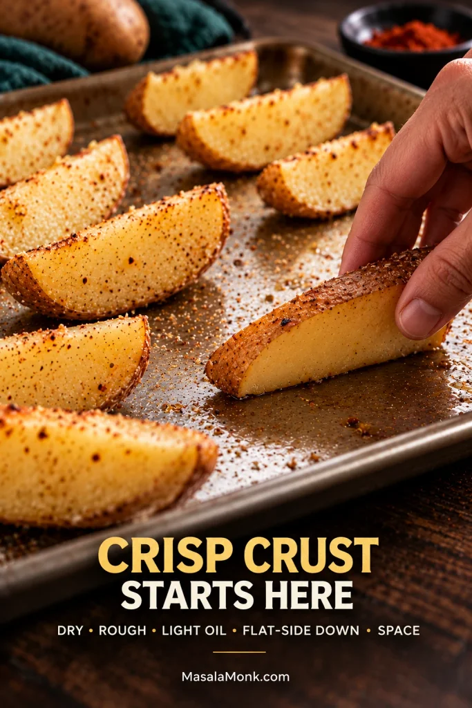 Seasoned potato wedges spaced apart on a bare metal baking sheet while one wedge is placed flat-side down for direct pan contact.
