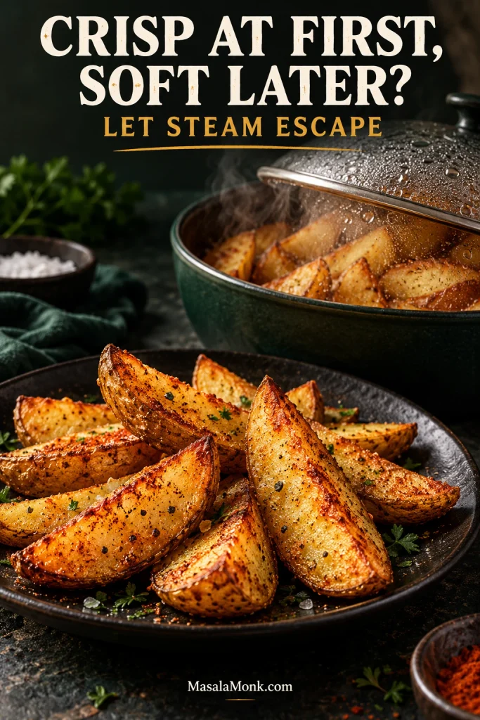 Crisp potato wedges on an open plate beside hot wedges in a covered dish, with steam collecting around the covered batch.