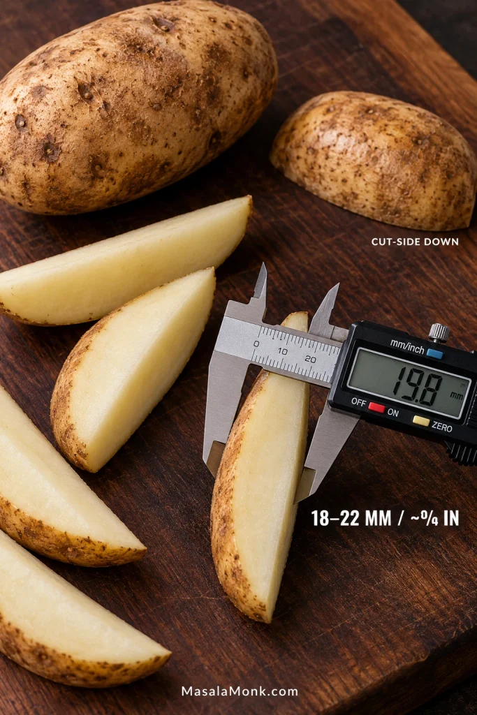 Cut potato wedges beside digital calipers measuring one wedge at 19.8 mm, within the illustrated 18–22 mm target range.