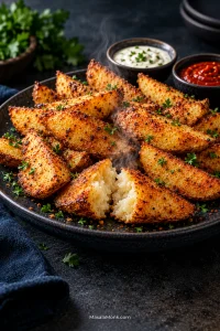 Golden seasoned potato wedges on a plate, with one broken open to reveal a fluffy white centre and two dipping sauces behind.
