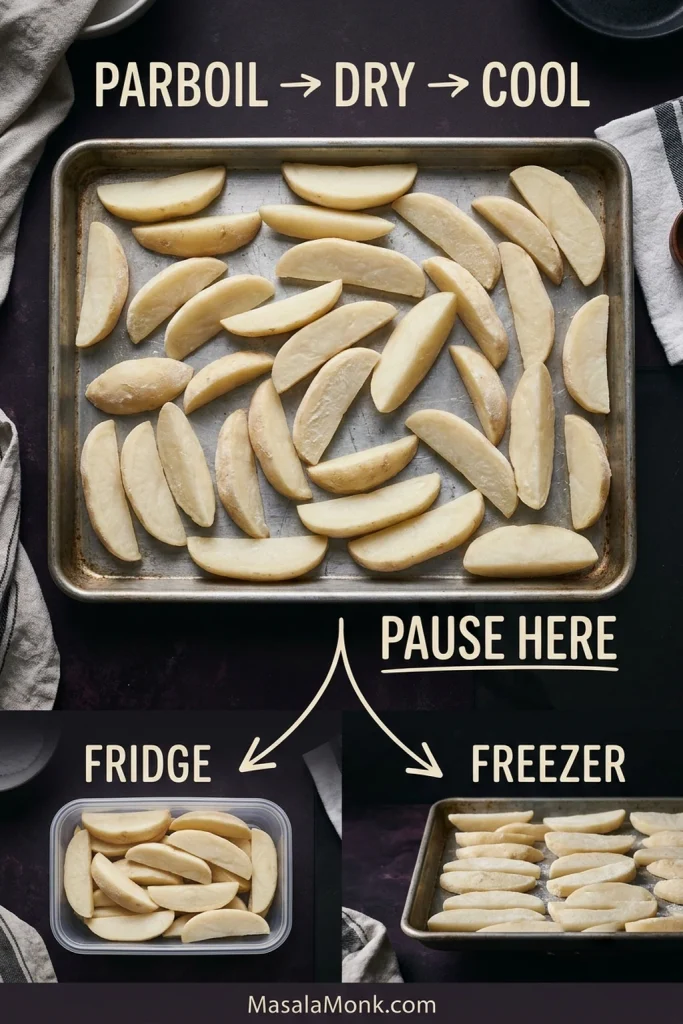 Parboiled potato wedges shown cooling on a tray, stored in a refrigerator container and arranged separately on a tray for freezing.