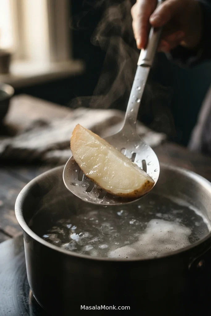 A pale potato wedge being lifted intact from steaming water after parboiling, with visibly softened edges.