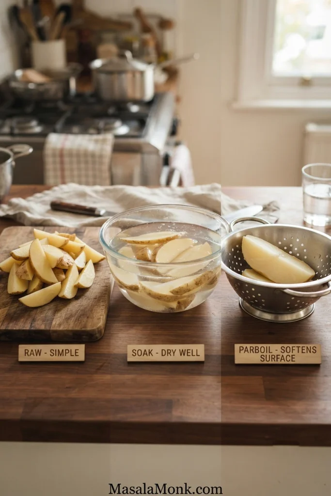 Three preparation methods shown side by side: raw potato wedges, wedges soaking in water, and parboiled wedges draining in a colander.