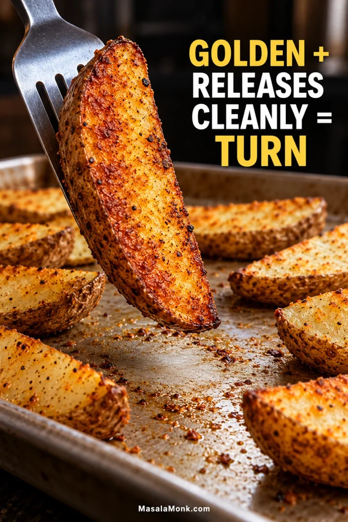 A fork lifting a deeply browned potato wedge cleanly from a metal baking sheet, showing the crust releasing intact.