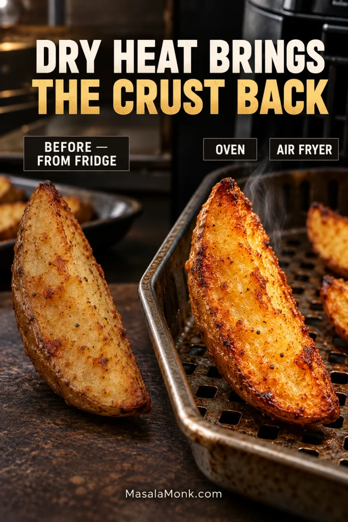 A chilled potato wedge compared with browned wedges reheated on an oven tray and in an air-fryer basket.