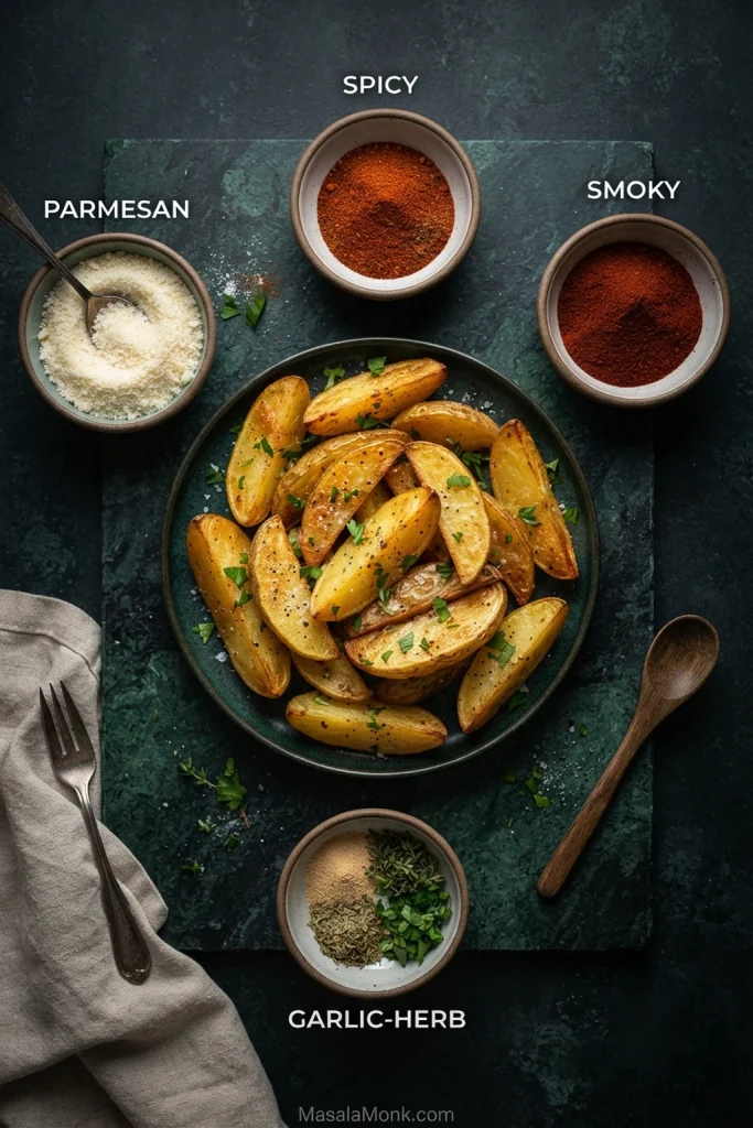 Roasted potato wedges surrounded by four seasoning directions labelled Parmesan, spicy, smoky and garlic-herb.