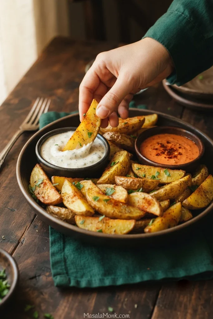 A hand dipping a golden potato wedge into a creamy white sauce beside a platter of seasoned wedges and a second orange-red dip.