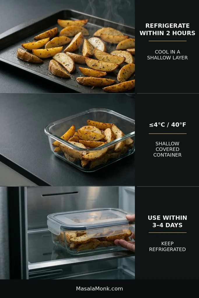 Cooked potato wedges shown cooling on a shallow tray, stored in a covered container and refrigerated, with labels giving 2-hour, 4°C/40°F and 3–4-day limits.