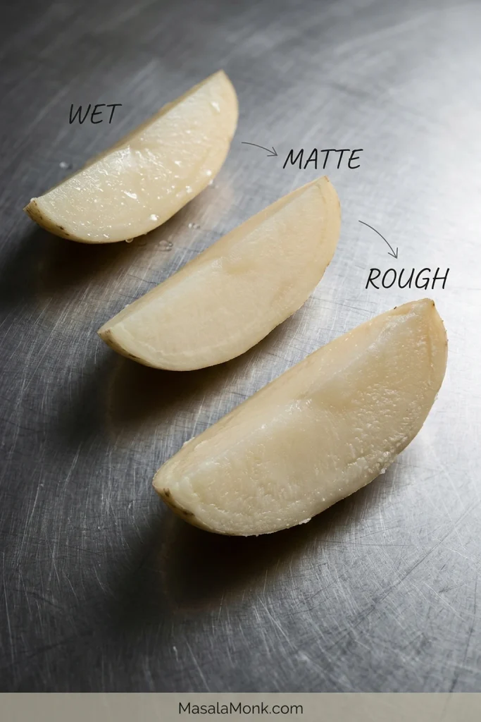Three parboiled potato wedges showing the surface progressing from glossy and wet to matte and then visibly roughened.