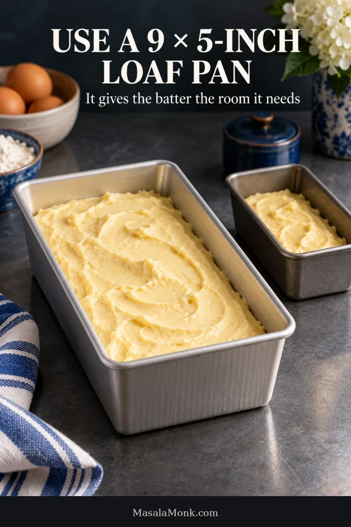 Large light-colored 9 × 5-inch loaf pan containing pound cake batter beside a visibly smaller loaf pan.