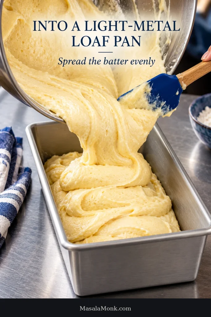 Thick pound cake batter being scraped from a mixing bowl into a parchment-lined, light-colored metal loaf pan.